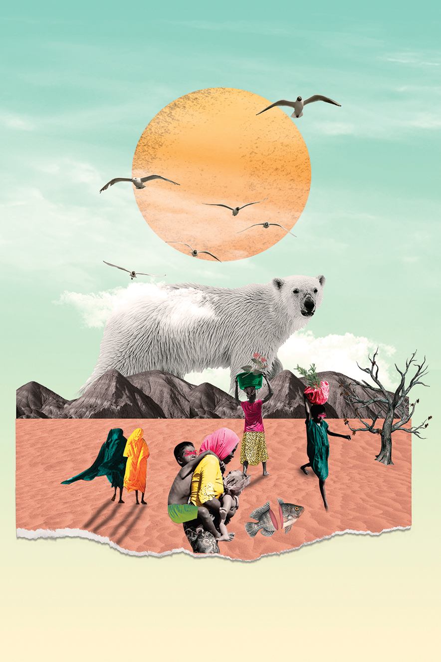 Uma ilustração com urso polar grande ao centro, sob um sol com pássaros e nuvens. Abaixo dele, há uma montanha e um chão de terra cor de rosa.