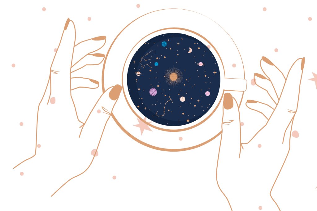 Ilustração sobre astrologia. Mostra uma mulher olhando através de binóculos para o que seria o futuro