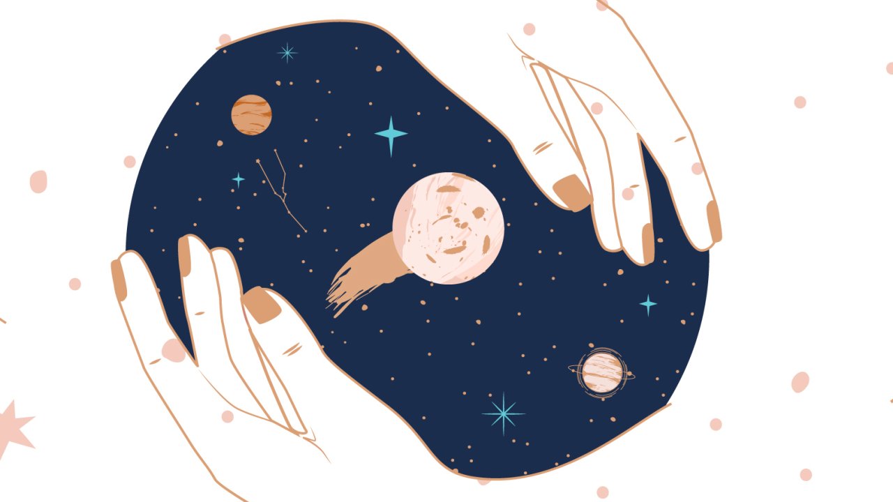 Ilustração com duas mãos envolvendo fragmento de galáxia