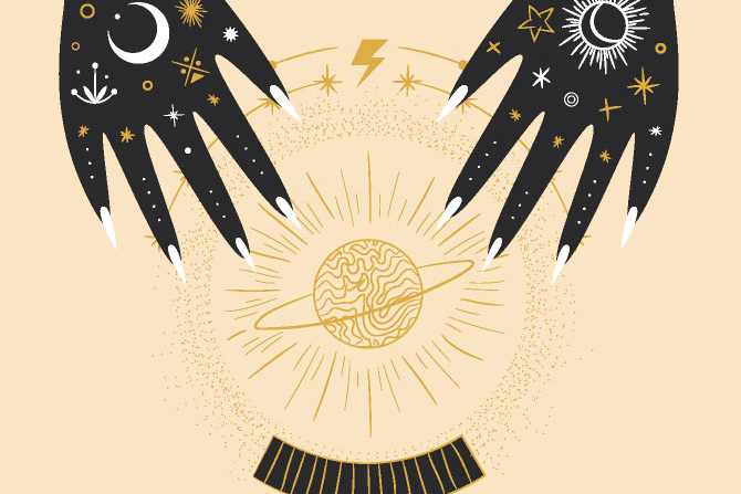 Ilustração de astrologia com uma bola de cristal e o planeta Saturno dentro