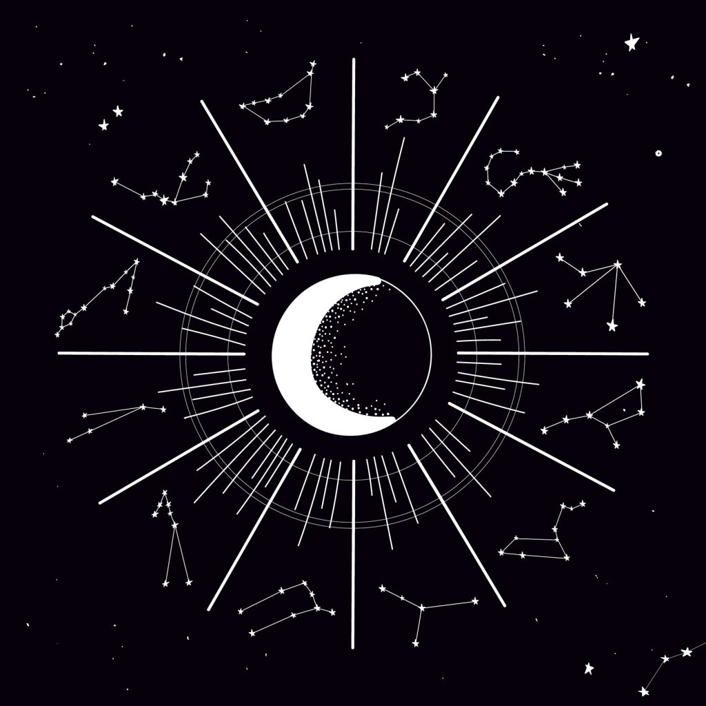 Ilustração da lua cercada por constelações que representam os signos do zodíaco.