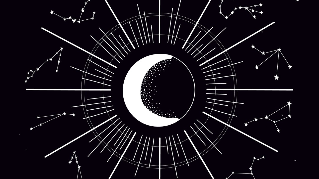 Ilustração da lua cercada por constelações que representam os signos do zodíaco.
