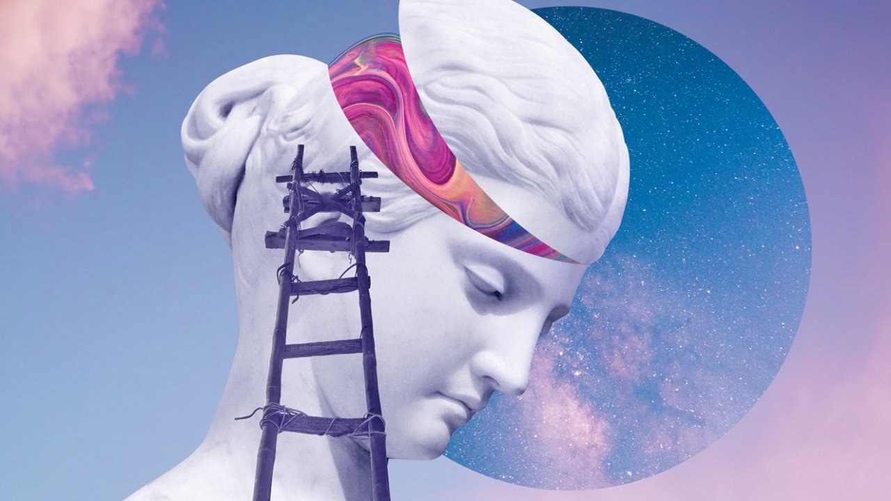 Ilustração de uma estátua de mulher branca com intervenções coloridas de uma escada, um céu. Sua cabeça está cortada no topo e é possível ver seu cérebro colorido