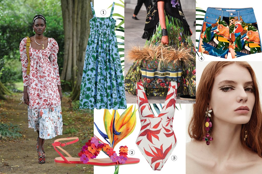 Colagem com diversas atrizes, modelos e peças de roupas com estampas botânicas bem coloridas