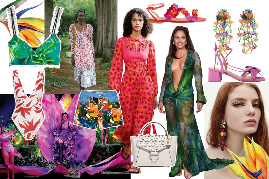 Colagem com diversas atrizes, modelos e peças de roupas com estampas botânicas bem coloridas