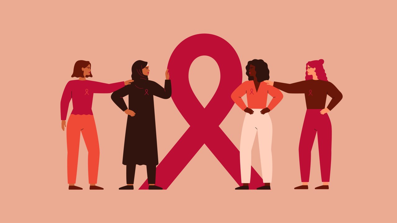 Ilustração com quatro mulheres de diferentes etnias e o laço símbolo do câncer de mama