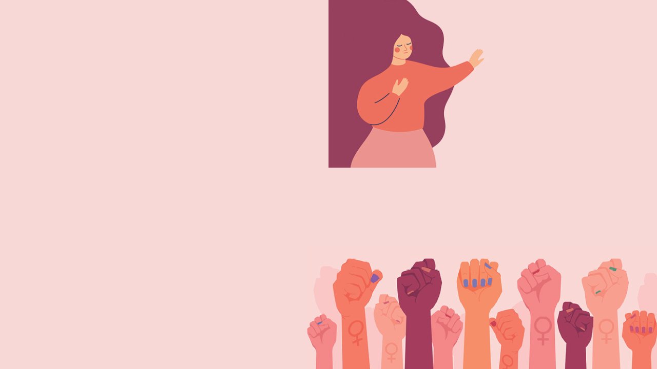 Ilustração de braços levantados em sinal de luta com uma mulher se pronunciando pelos seus direitos