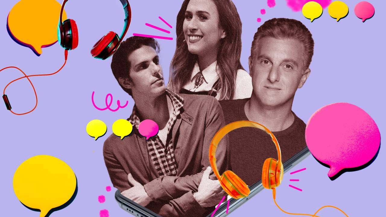 fones de ouvido com fotos de Rafael Infante, Tatá Werneck e Luciano Huck
