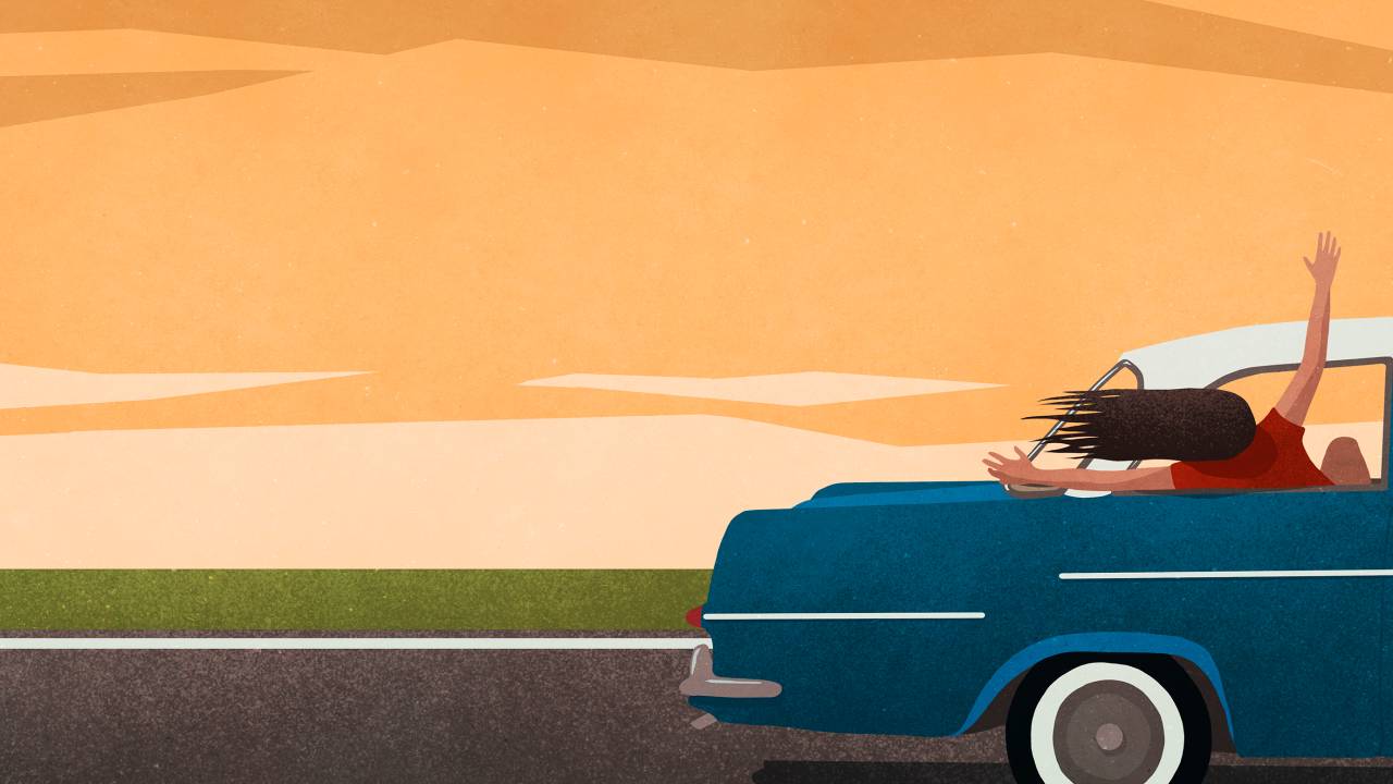 Ilustração de mulher com a cabeça para fora da janela do carro curtindo o vento