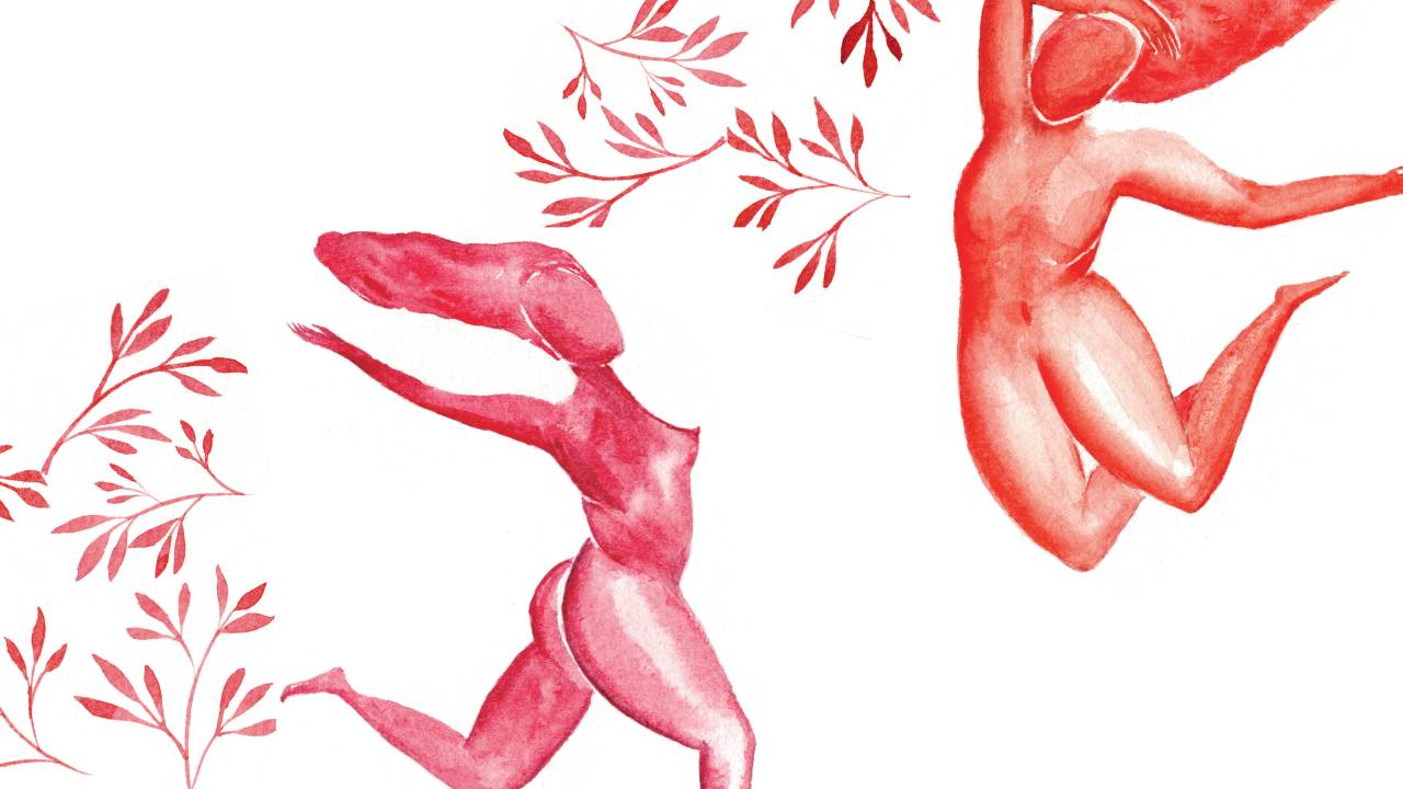 Ilustração de mulheres correndo entre folhas.