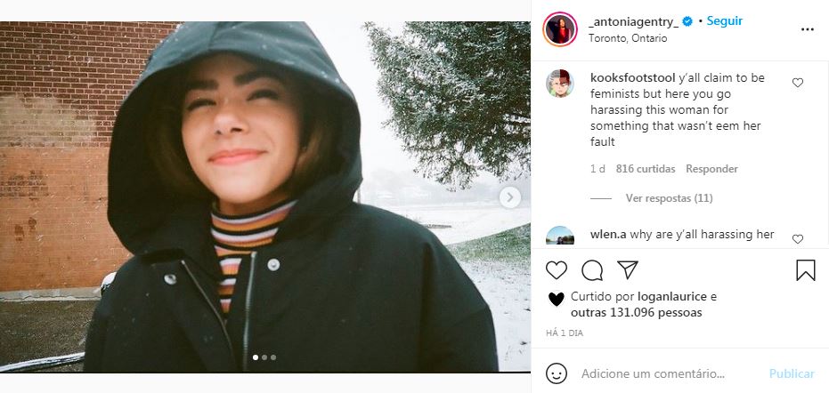 Print de comentário no Instagram da atriz Antonia Gentry após polêmica com Taylor Swift