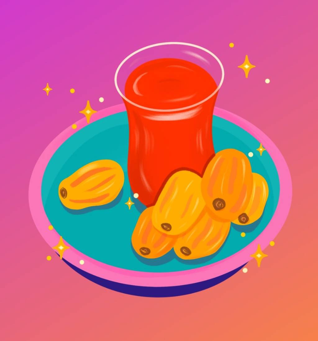 Prato com tâmaras e chá Instagram - Ramadã