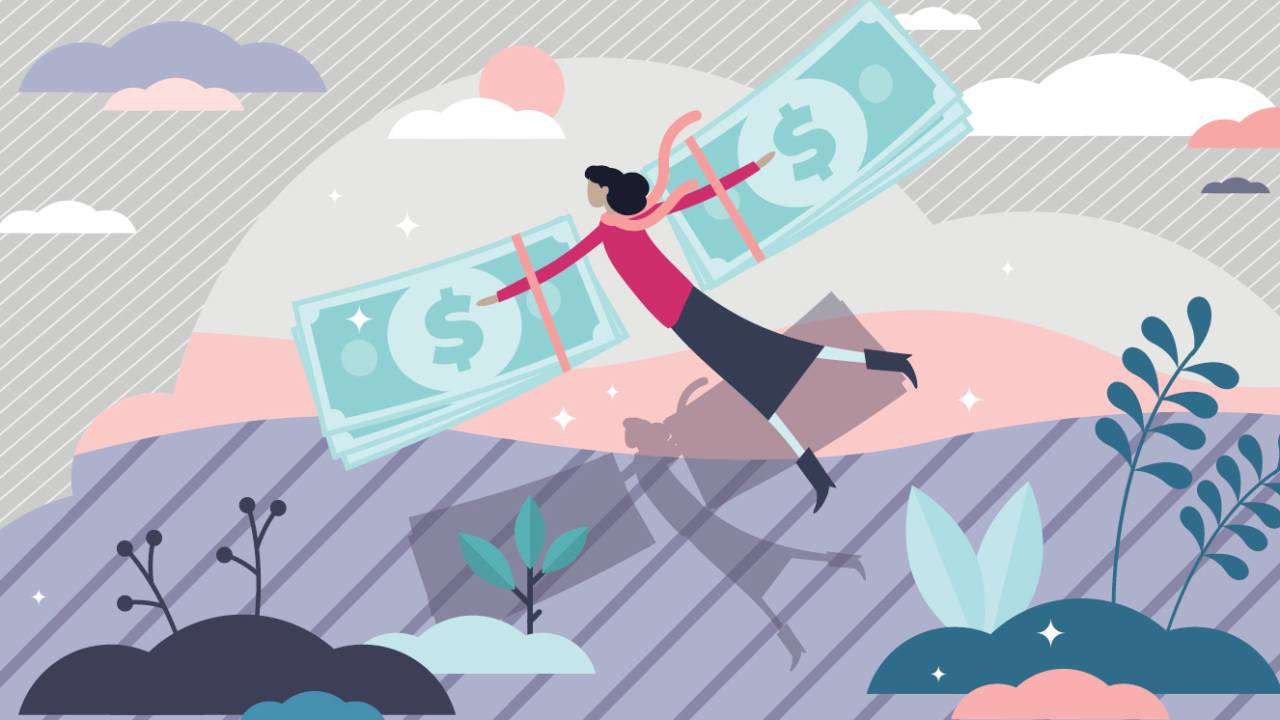 Ilustração de mulher voando com asas de notas de dinheiro