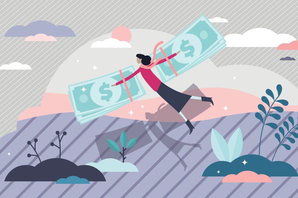 Ilustração de mulher voando com asas de notas de dinheiro