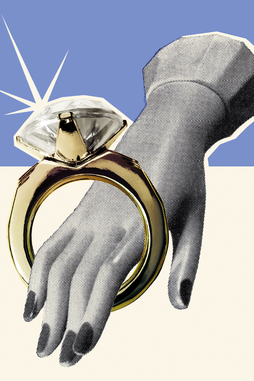 ilustração retrô de mão de mulher com anel gigante de diamantes