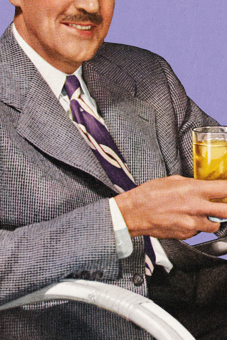 ilustração retrô de homem de terno segurando copo de bebida