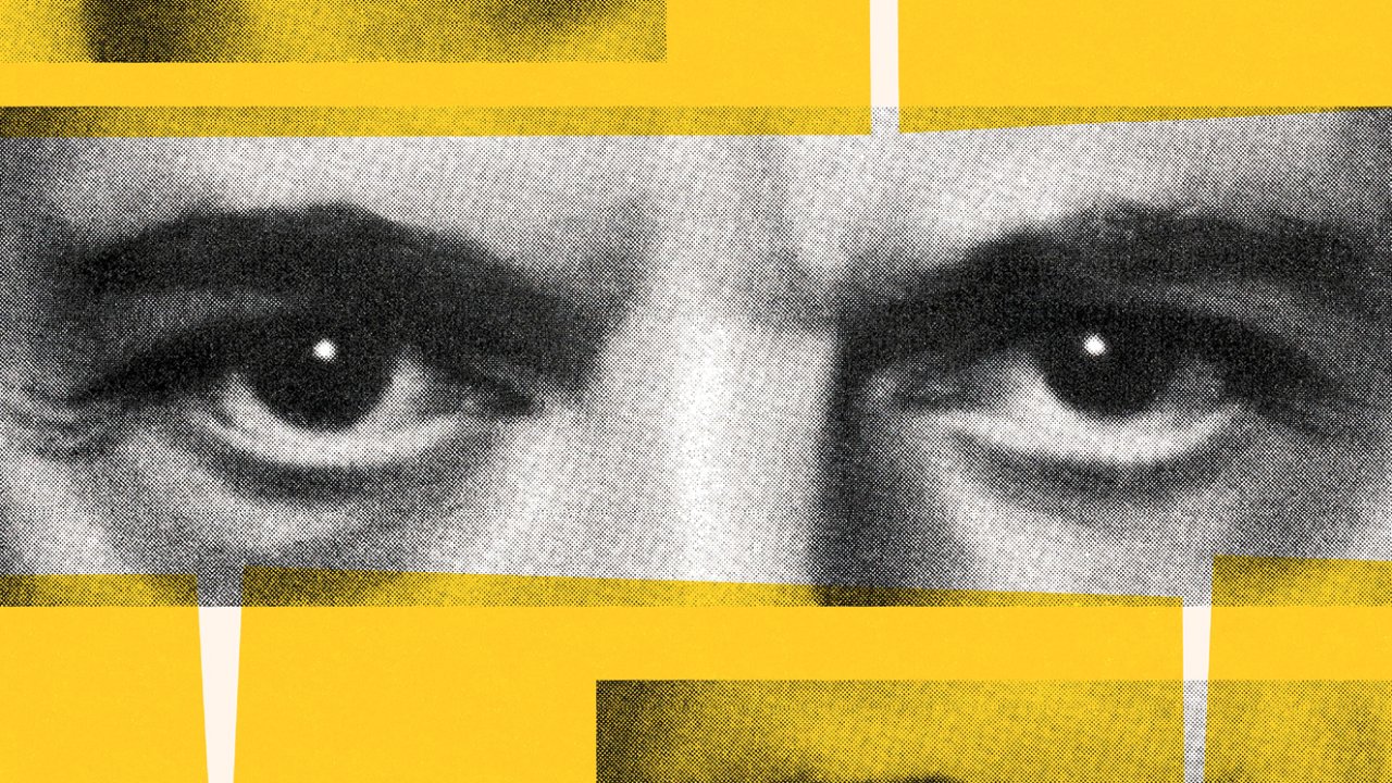 foto em preto e branco dos olhos de um homem com intervenções de ilustração amarelas