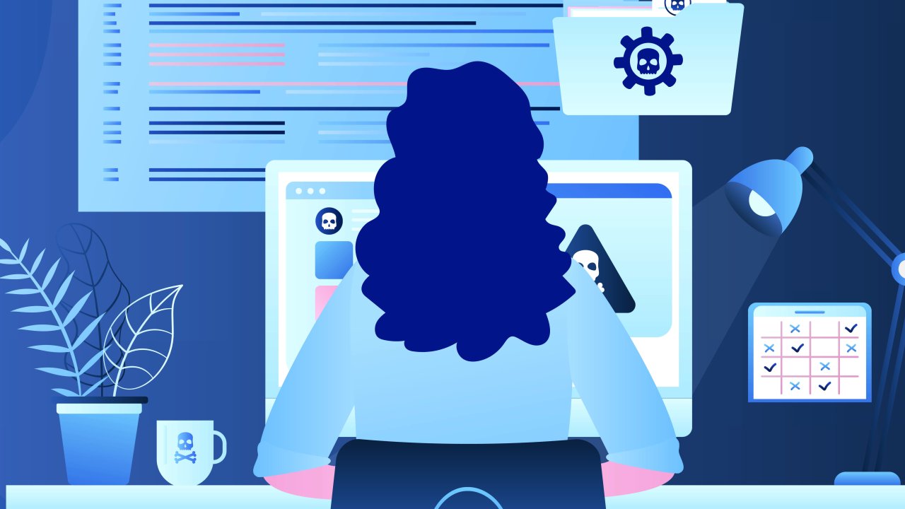 ilustração de uma mulher usando o computador com um sinal de perigo na tela