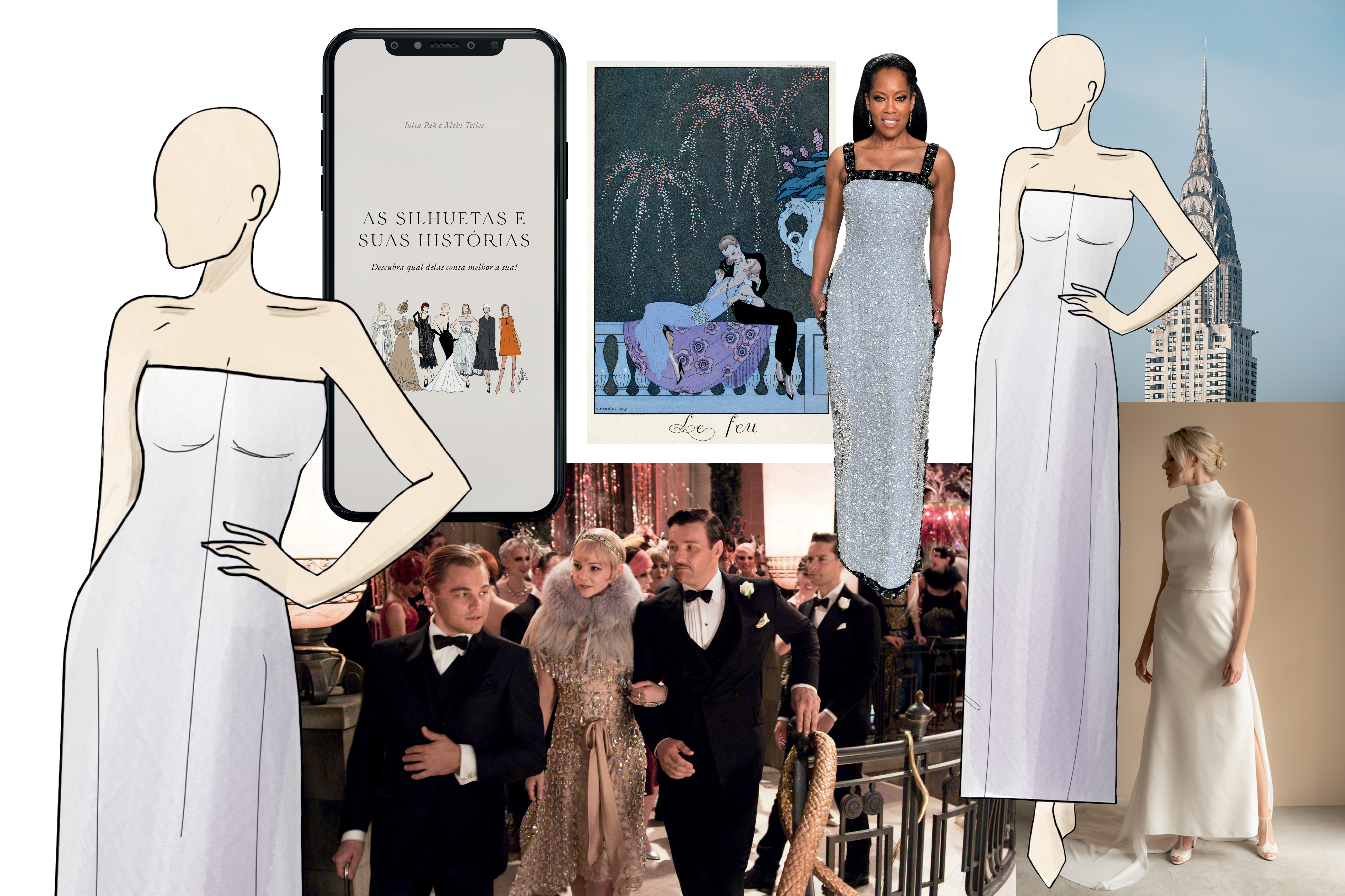 vestidos de noiva, cena de filme e a capa do livro