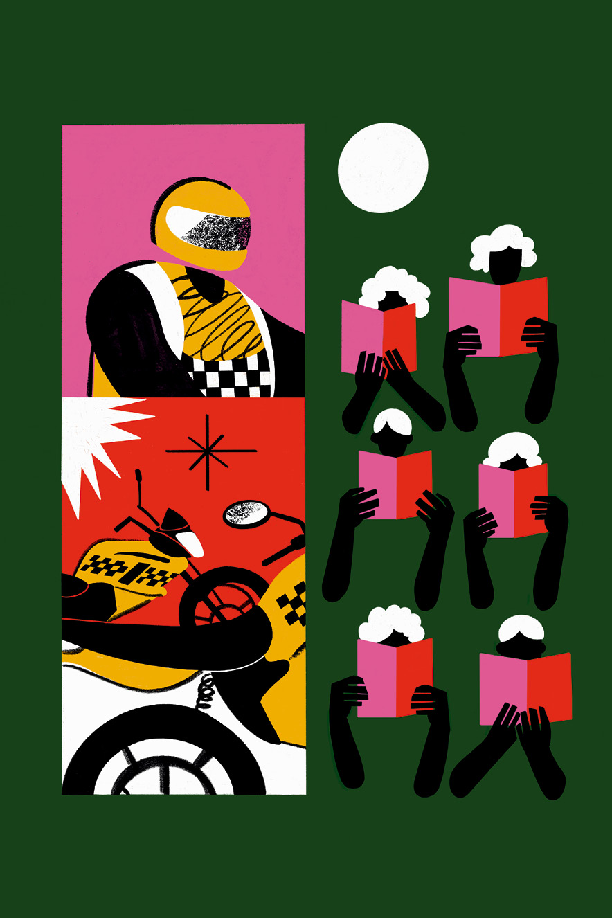 CONSELHOS PUBLICOS2 Ilustração de mototáxis e pessoas lendo