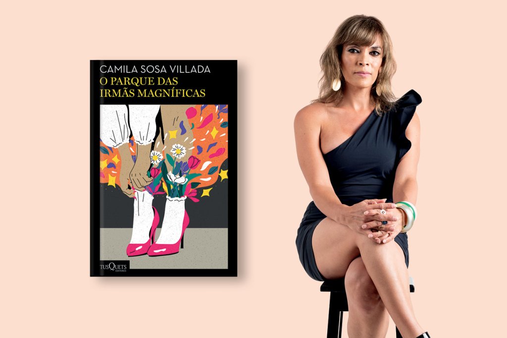 Camila sentada num banco e, ao lado, a capa do livro
