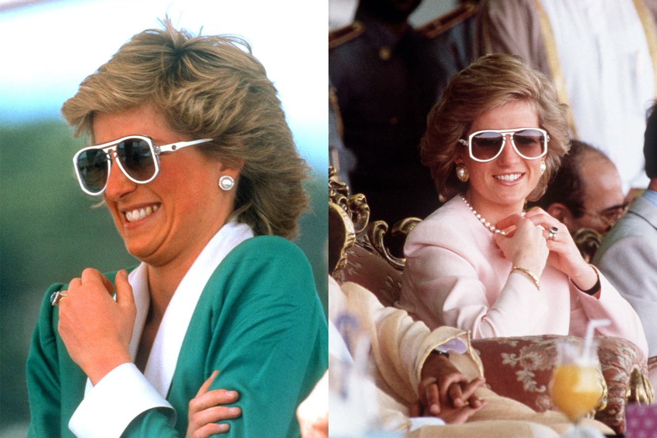 Duas fotos com Princesa Diana sorrindo com óculos escuros.