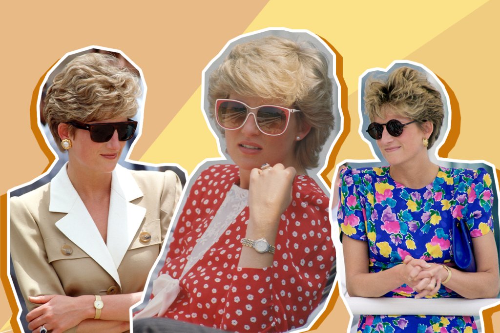 Três imagens de Princesa Diana com óculos escuros em ocasiões diferentes.