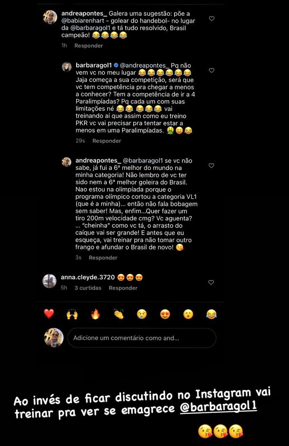 comentários de Andrea Pontes e Bárbara no Instagram