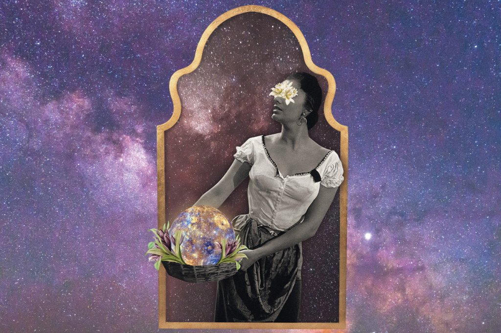 colagem de mulher carregando flores com fundo de galáxia