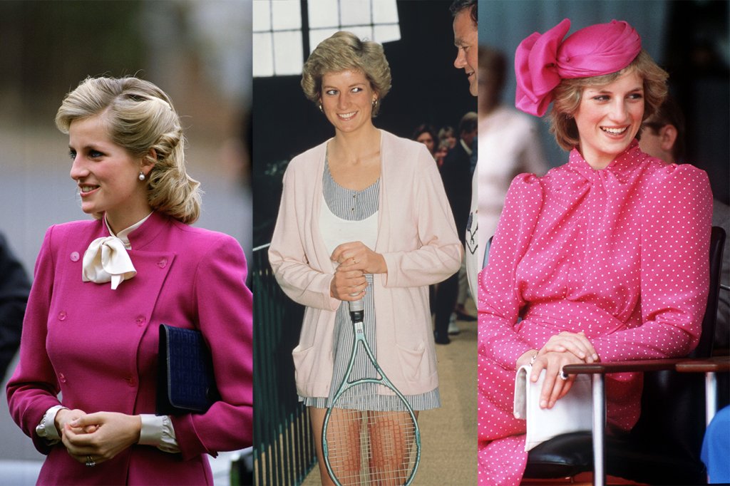 Três imagens da Princesa Diana de cabelo curto e com peças de roupa rosa.