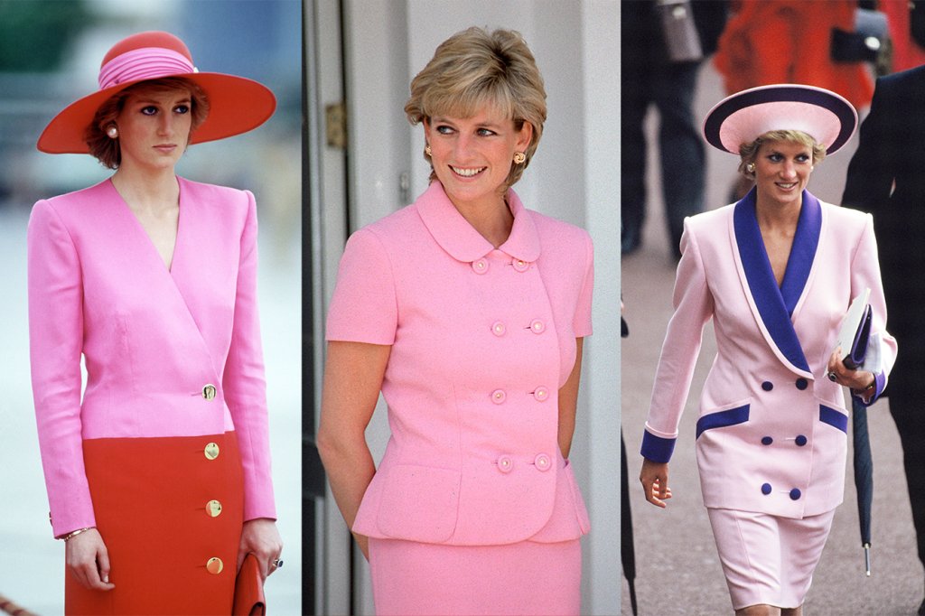 Três imagens da Princesa Diana de cabelo curto e com peças de roupa rosa.