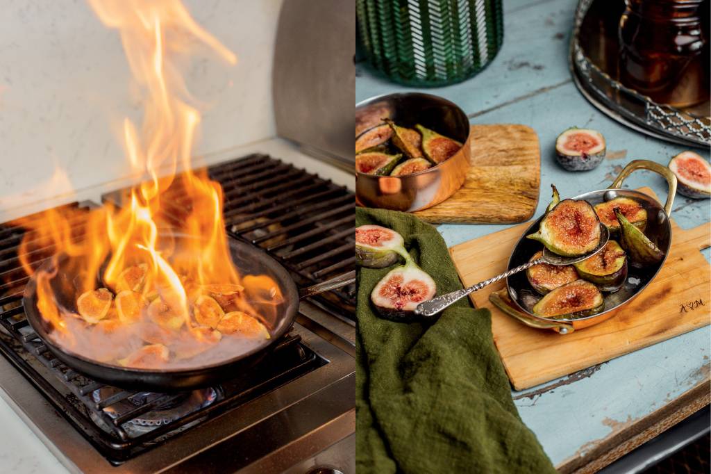 receitas-doces-rapidos figos sendo flambados na panela e, depois, prontos