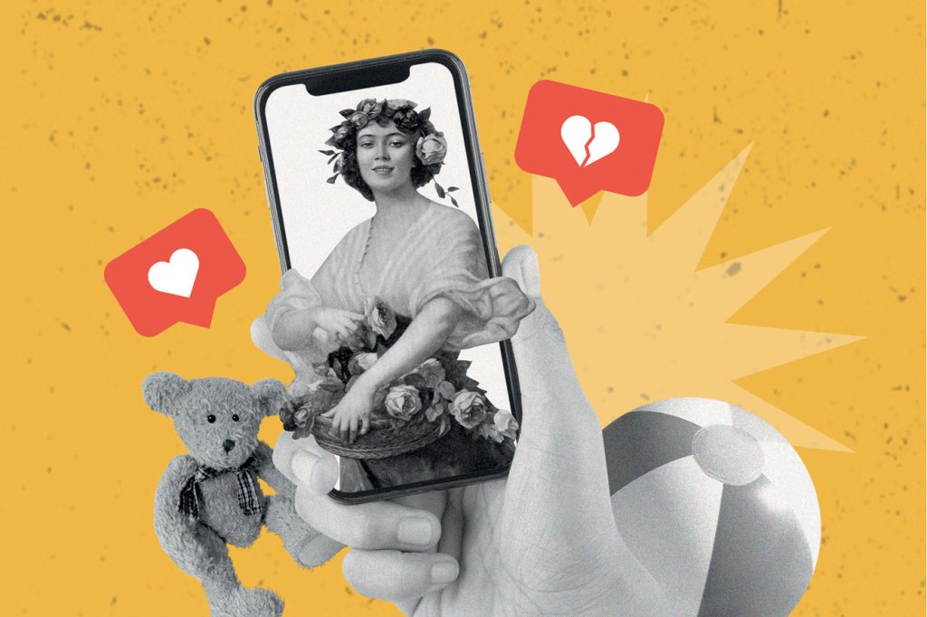colagem de celular com imagem de mulher com cesta de frutas e ursinho de pelúcia