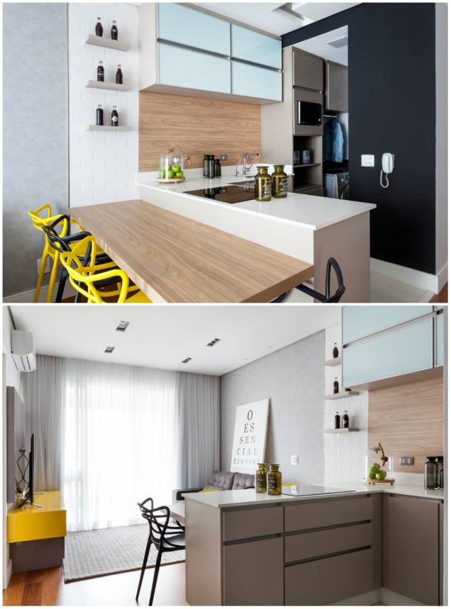 Neste apartamento pequeno em São Paulo, a arquiteta Barbara Dundes elegeu tons neutros para a área social integrada, onde predominam a madeira e o cinza. Os toques de amarelo e a parede pintada com tinta lousa trazem descontração aos ambientes. Neste apartamento pequeno em São Paulo, a arquiteta Barbara Dundes elegeu tons neutros para a área social integrada, onde predominam a madeira e o cinza. Os toques de amarelo e a parede pintada com tinta lousa trazem descontração aos ambientes.