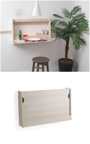 Feita de MDF, a mesa escrivaninha Bentô é dobrável, fica fixa na parede e suporta até 10 quilos. A peça tem duas prateleiras: uma junto ao tampo e outra que fica sempre aparente. Da Oppa, custa R$398,99* à vista.