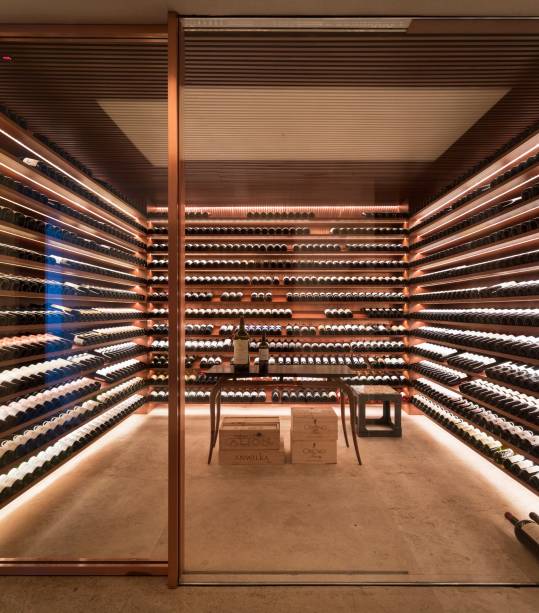 Nesta casa em São Paulo, assinada pelo Studio MK27 e Lair Reis, a adega tem prateleiras levemente inclinadas e iluminação que destaca as garrafas de vinho.