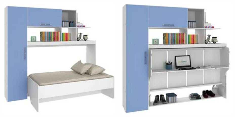 A cama de solteiro modulada Dreams, da Art In Móveis, é fixada na parede e possui armário com duas portas - disponíveis em azul, branco, rosa e verde -, além de nichos. Com estrutura de MDP e acabamento em laca de alto brilho, o móvel é vendido por R$1.834* na Loja CASA CLAUDIA.