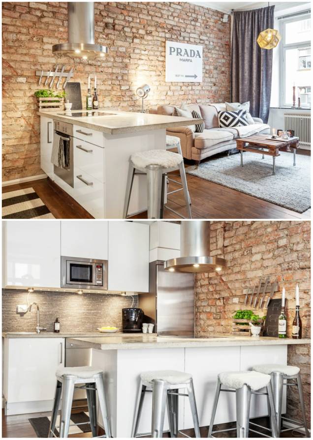 No apartamento de 45 metros quadrados, o estilo industrial ganhou toques sofisticados. Na cozinha, os eletrodomésticos foram bem distribuídos: forno e cooktop ficam na ilha, enquanto a geladeira, a máquina de lavar louça e o micro-ondas foram embutidos na marcenaria da parede. No apartamento de 45 metros quadrados, o estilo industrial ganhou toques sofisticados. Na cozinha, os eletrodomésticos foram bem distribuídos: forno e cooktop ficam na ilha, enquanto a geladeira, a máquina de lavar louça e o micro-ondas foram embutidos na marcenaria da parede.