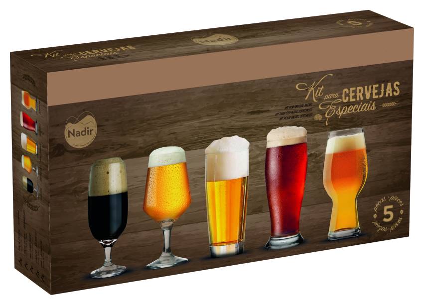 Da Nadir Figueiredo, o Kit para Cervejas Especiais vem com estojo com cinco ou seis copos variados para degustação de  cerveja - taças Brunello e Floripa, e copos Munich, Willybecher e London. Cada kit custa R$ 49,90.