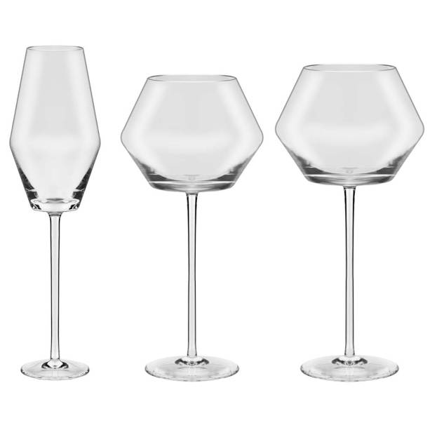 O Conjunto de Taças para Água, Vinho e Espumante Oxford Crystal Pike Karim Rashid - 18 Peças custa R$821,90 na Loja CASA CLAUDIA.