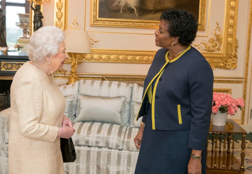 LONDON, UNITED KINGDOM - MARCH 28: Queen Elizabeth II receives Governor-General of Barbados Dame Sandra Mason during a private audience at Buckingham Palace on March 28, 2018 in London, England. (Photo by Steve Parsons - WPA Pool/Getty Images)