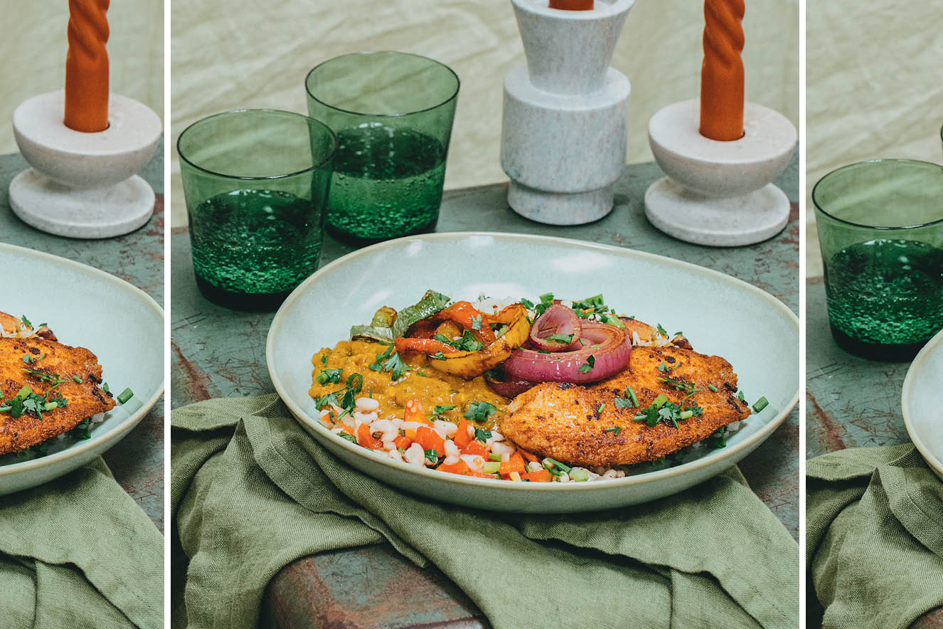 Peixe grelhado com pimentões e arroz de alho-poró com castanhas brasileiras