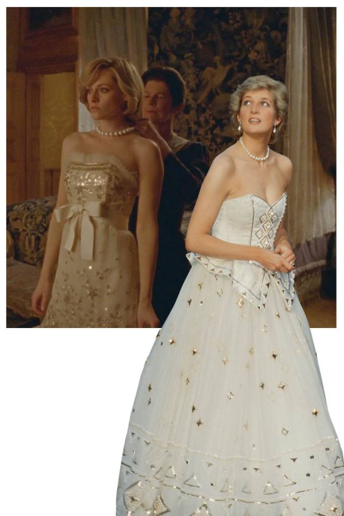 CULTURA SPENCER4 (1) Kristen Stewart em Spencer e Princesa Diana utilizando o seu ícone vestido assinado pela dupla David e Elizabeth Emanuel.