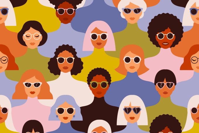 Female diverse faces of different ethnicity seamless pattern. Women empowerment movement pattern. International women s day graphic in vector.