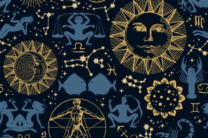 Seamless pattern with Sun, crescent, zodiac signs