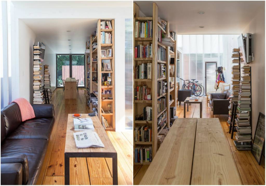 2-Cozinha, sala de estar e biblioteca integradas em casa-contêiner