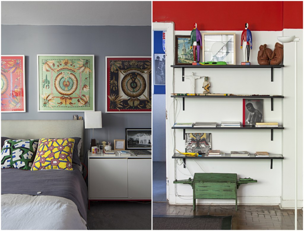 Quarto com lenços emoldurados e almofadas