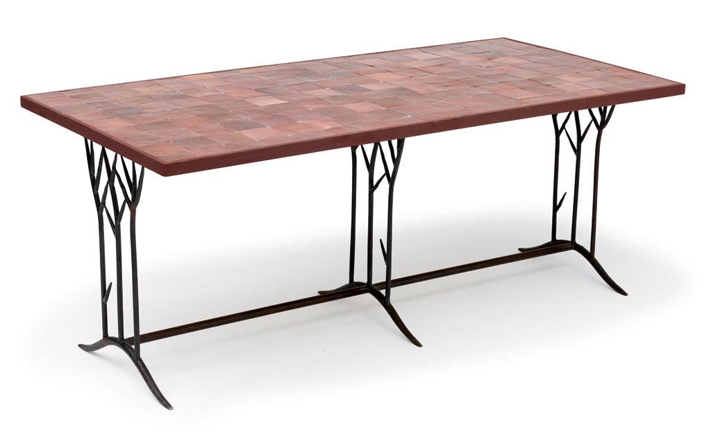 EMERY-&-CIE—-Piétement-table-haute-x-3-ARBRE-fer-forgé,-plateau-zelliges-rouge-10-x-10