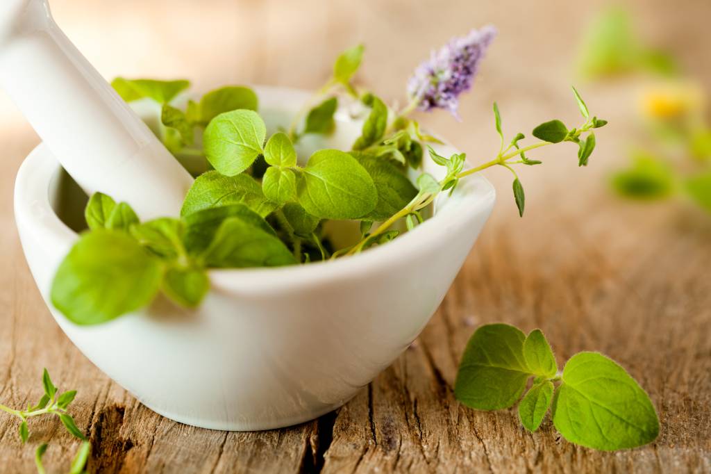 Herbes de Provence in a white mortar Majerona
