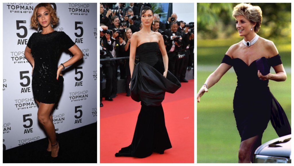 Beyoncé, Bella Hadid e Lady Di com seus vestidinhos pretos.